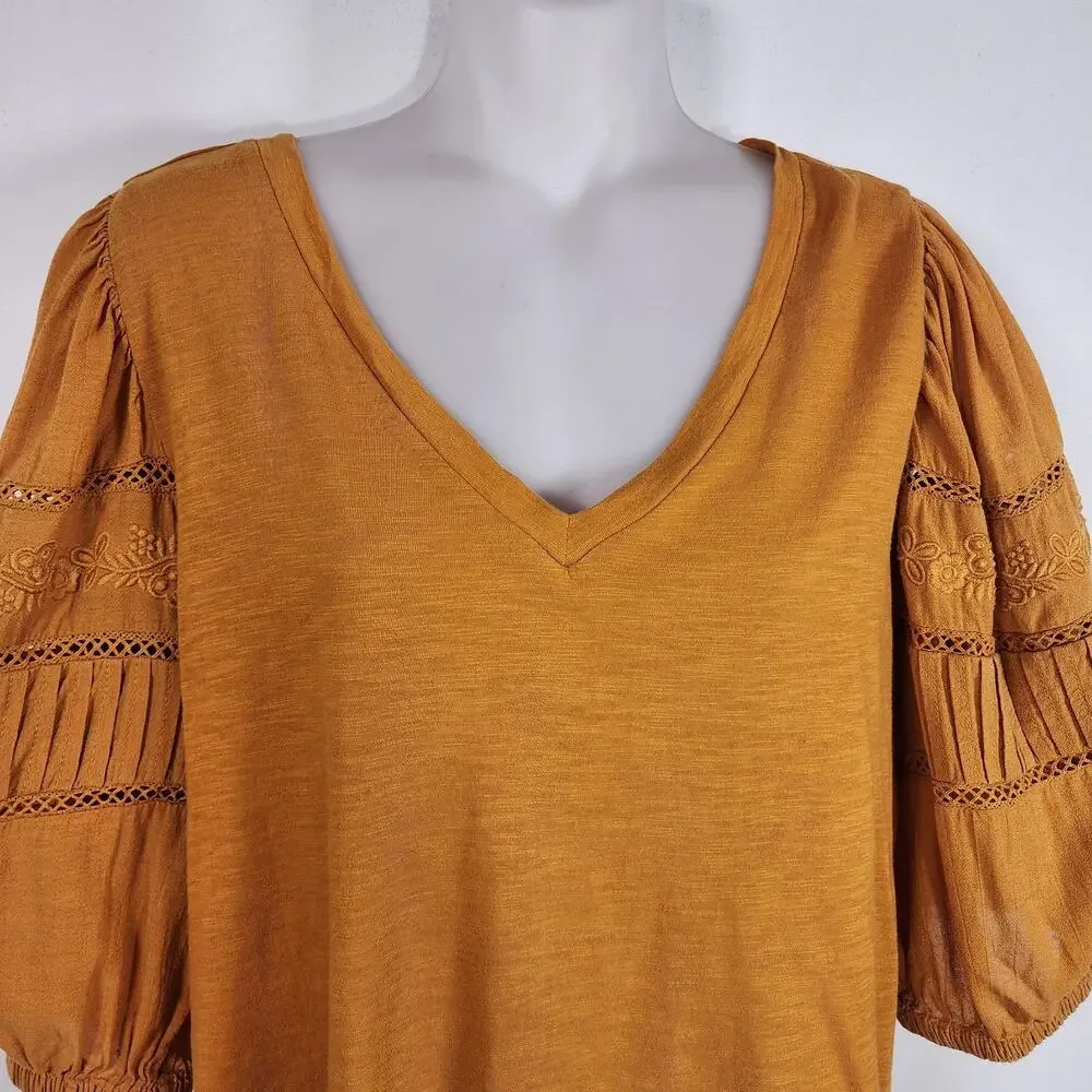 LOFT Top Mustard Yellow Embroidered Puff Sleeve V Neck Medium Boho Lace Cottage